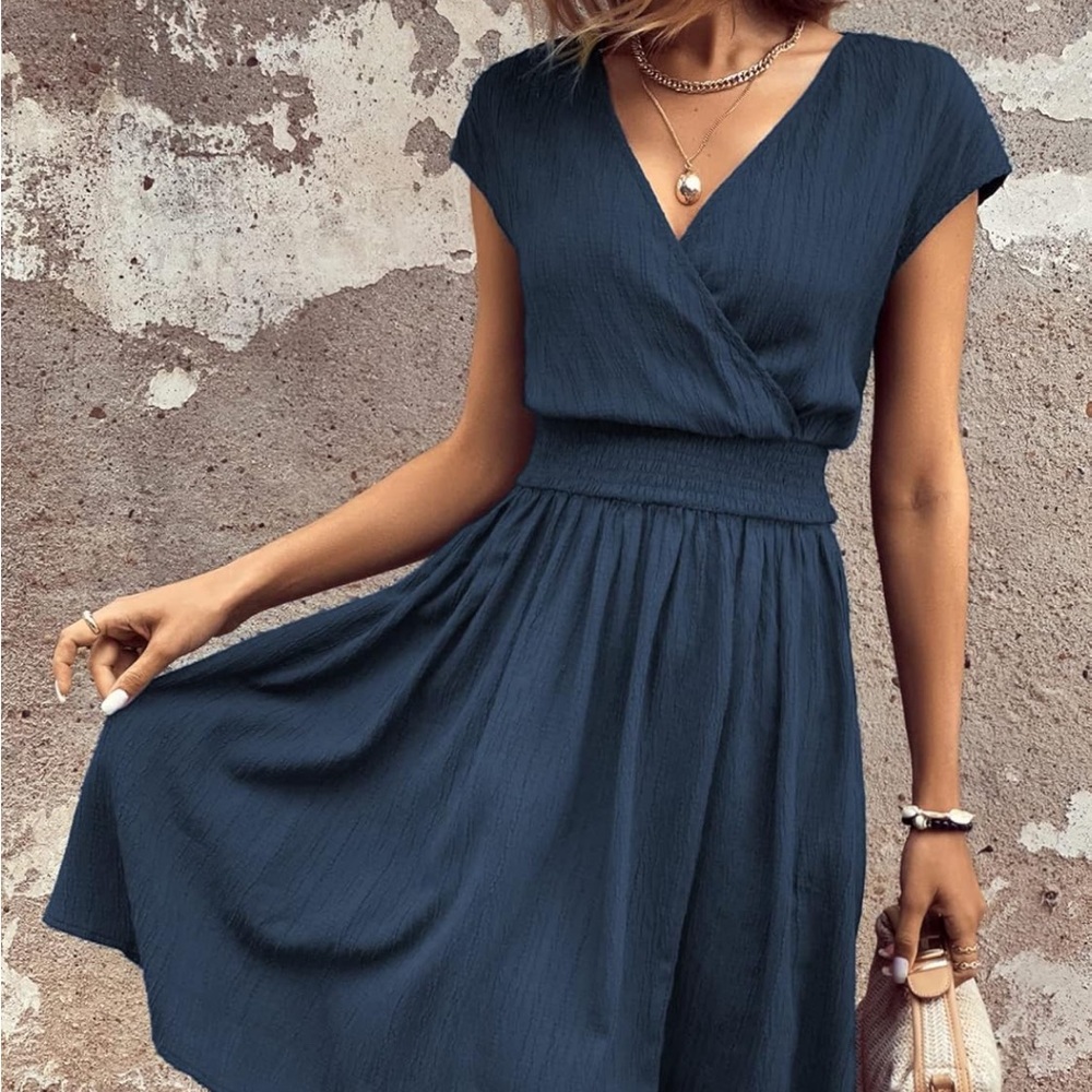 Navy blue Women's Short V-Neck A-line  Dress— shirred